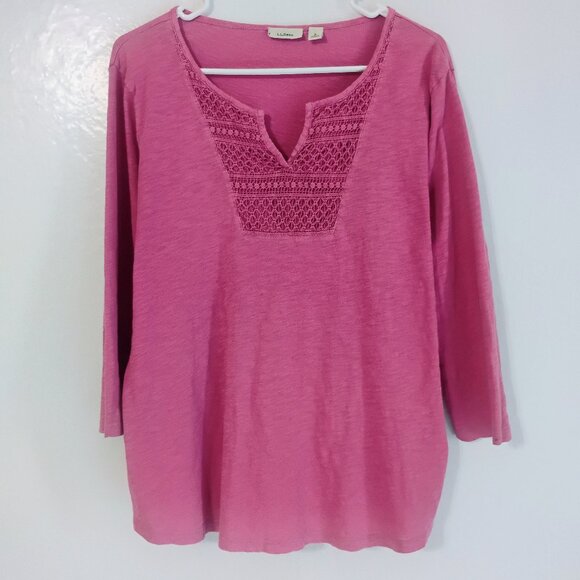 L.L. Bean Tops - L.L. Bean M Pink Lace Trim Tunic Top Cotton V Neck Shirt